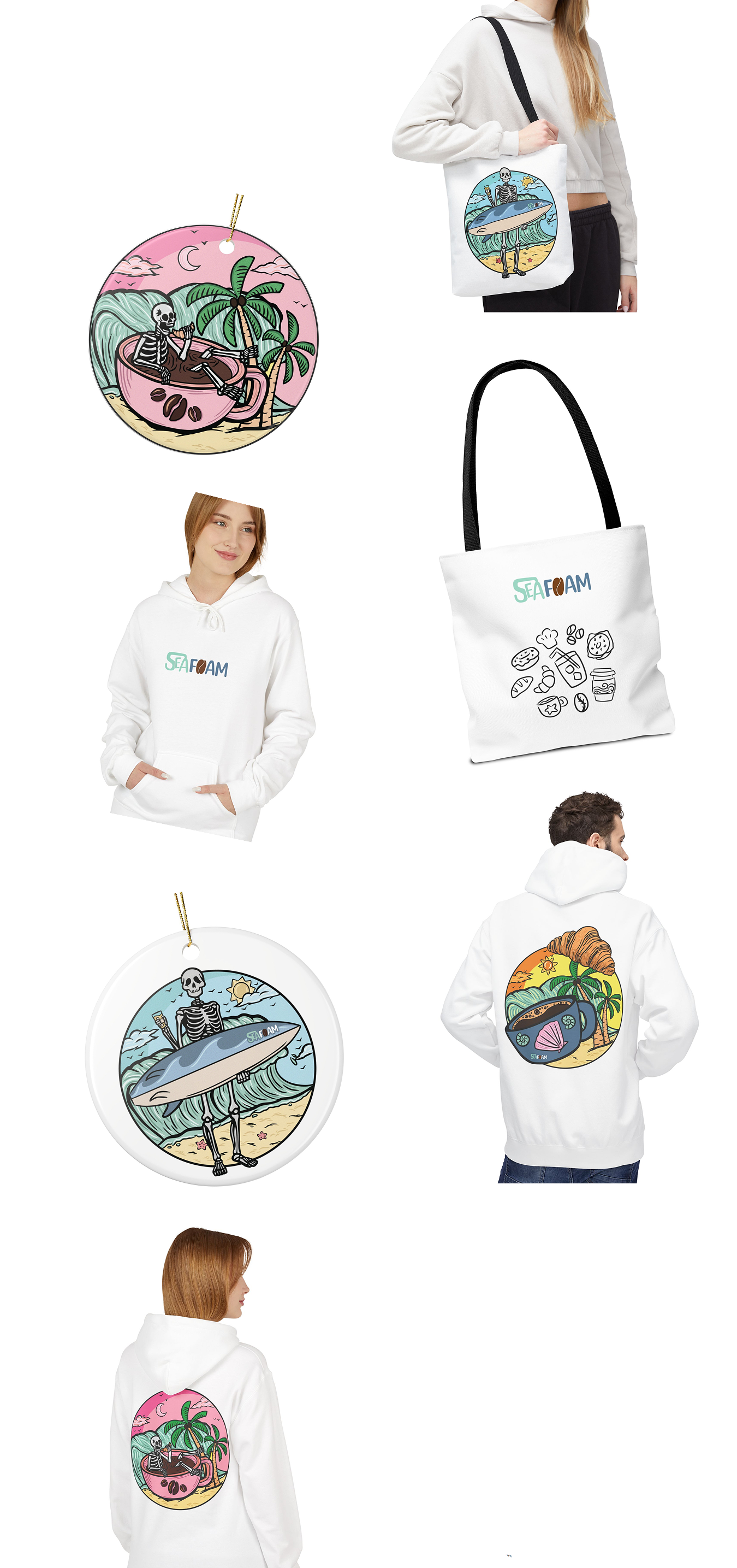Seafoam brand mockups — tote bags, hoodies, and merchandise