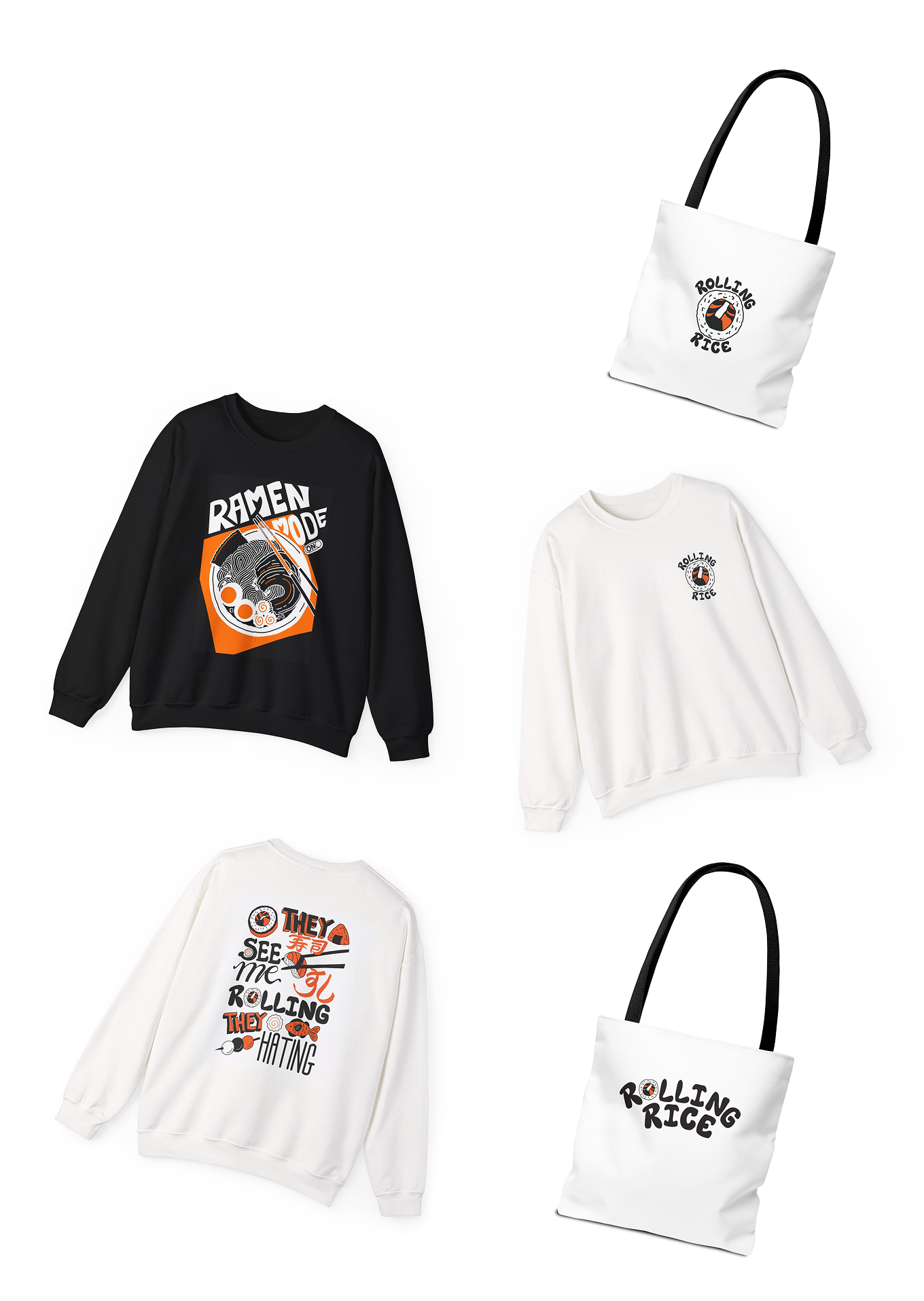 Rolling Rice merchandise mockups
